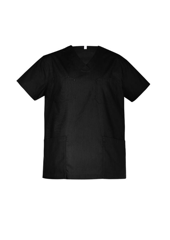 Unisex reversible black scrub top (XXS) with chest and back pockets, durable for industrial washing, by Biz Collection.