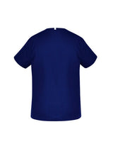 Unisex dark blue reversible scrub top with chest and back pockets, made from durable polyester-cotton blend.