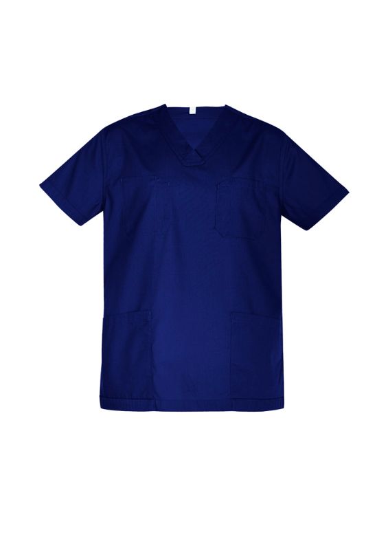 Unisex dark blue reversible scrub top (XXS) with chest pocket, durable fabric, suitable for industrial laundry.