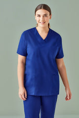 Unisex dark blue reversible scrub top (XXS) with pockets, designed for comfort and industrial laundry use by Biz Collection.