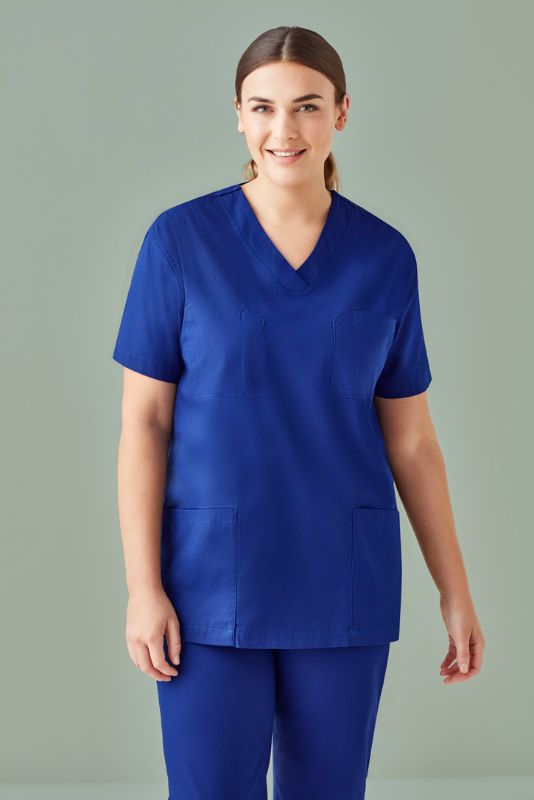 Unisex reversible scrub top in Dark Blue, Large, featuring chest and back pockets, suitable for industrial laundry and everyday wear.