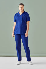 Unisex dark blue reversible scrub top with chest pocket, durable fabric, and RFID chip placement, made for healthcare professionals.