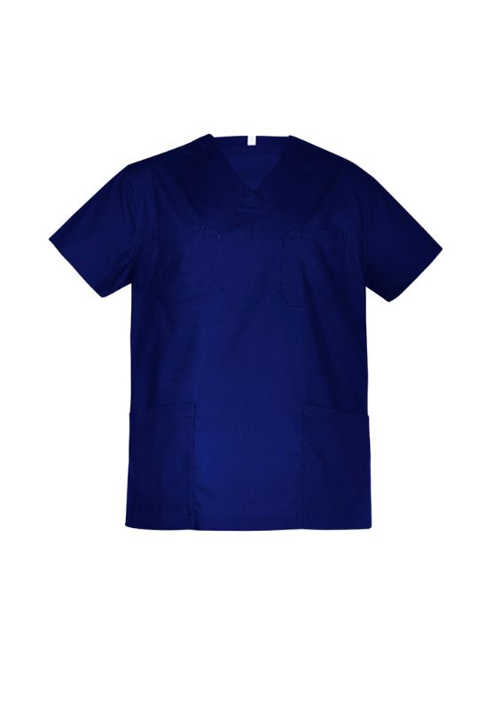 Unisex dark blue reversible scrub top (XXS) with chest and back pockets, designed for comfort and industrial laundry use.