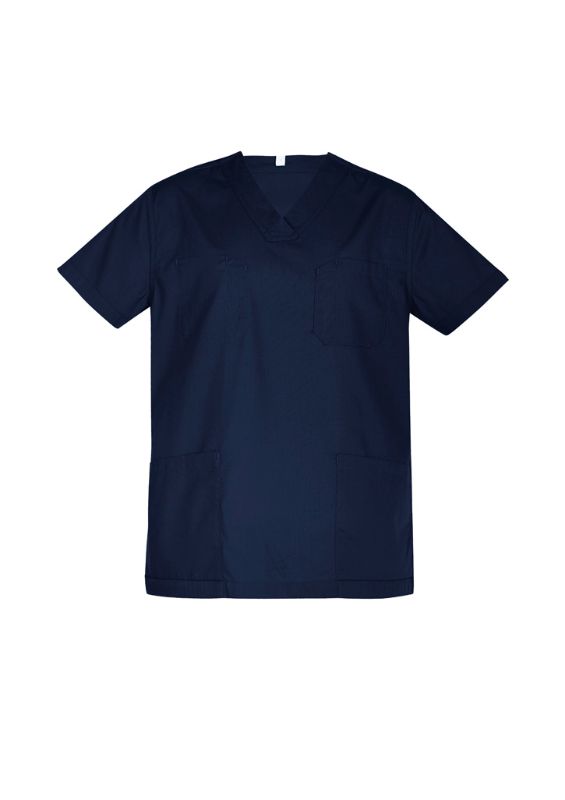 Unisex reversible scrub top in Midnight Navy with chest pocket, back pant pocket, and durable fabric for healthcare professionals.