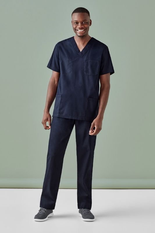 Unisex reversible midnight navy scrub top with pockets, RFID chip, and durable fabric for healthcare professionals.