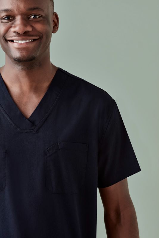 Unisex reversible scrub top in Midnight Navy, 4XL, with chest pocket, dual-sided functionality, and commercial laundry-friendly fabric.