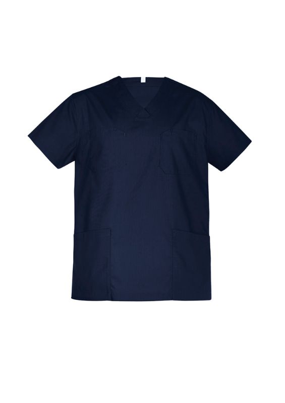 Unisex Midnight Navy reversible scrub top with chest and back pockets, ideal for healthcare professionals, size XXS.