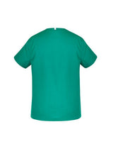 Unisex reversible scrub top in surgical green with pockets, designed for comfort and functionality in healthcare settings.