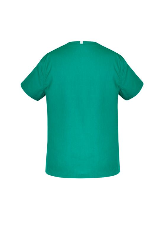 Unisex reversible scrub top in surgical green, featuring chest and back pockets; ideal for healthcare professionals.