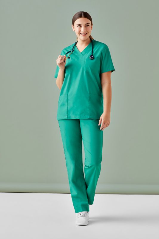 Unisex reversible scrub top in surgical green, featuring chest and back pockets, crafted for style and comfort in healthcare settings.