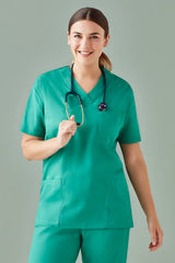 Unisex Hartwell reversible scrub top in Surgical Green, medium size, featuring chest and back pockets for healthcare professionals.