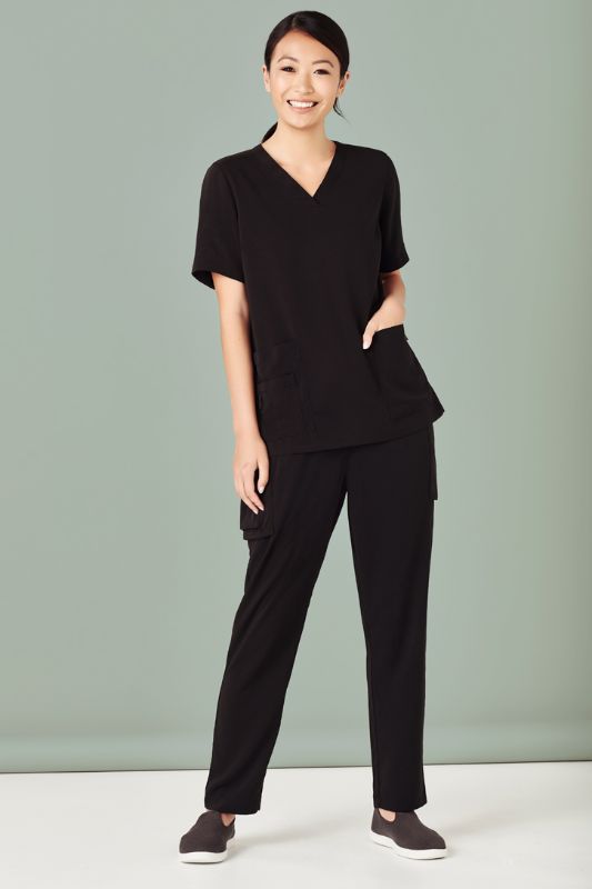 Black Women's Avery V-Neck Scrub Top (Size S), featuring pockets and a comfortable fit, perfect for healthcare professionals.