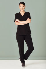 Women's black V-neck scrub top, size S, featuring multiple pockets and a comfortable fit, crafted for healthcare professionals.