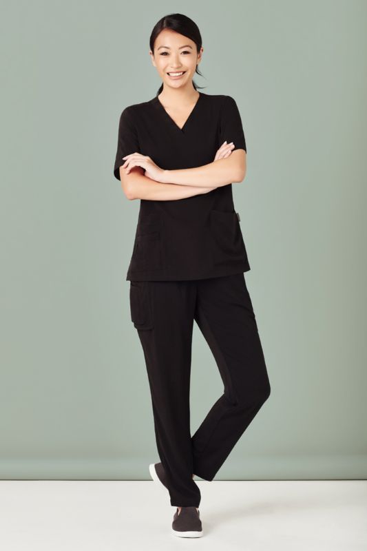 Women's black Avery V-Neck scrub top in 2XL by Biz Collection, featuring V-neck, multiple pockets, and moisture-wicking fabric.