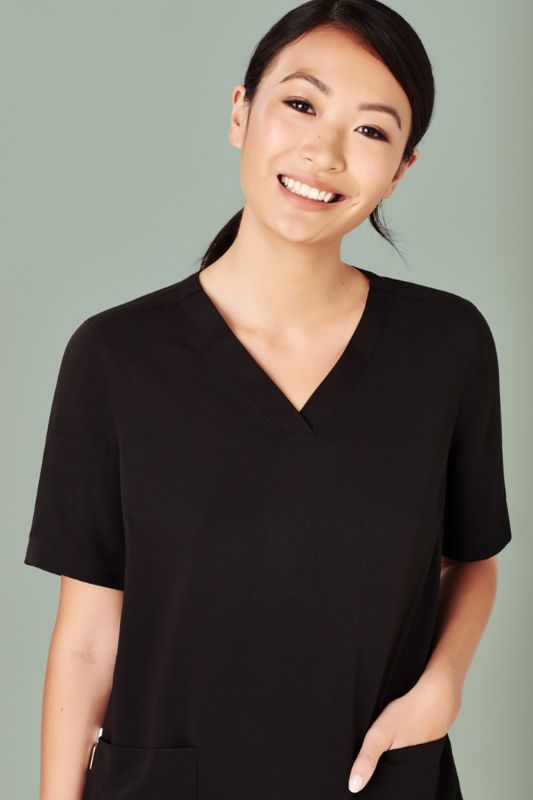 Black V-neck scrub top for women, size S, with pockets and wicking fabric for comfort and practicality in healthcare.