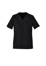 Women's Avery V-Neck Scrub Top in Black (Size S) featuring versatile design, multiple pockets, and breathable fabric.