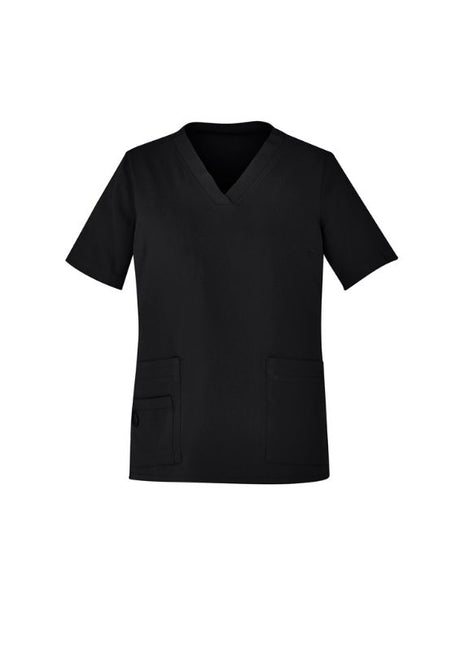 Women's Avery V-Neck Scrub Top in Black (Size S) featuring versatile design, multiple pockets, and breathable fabric.