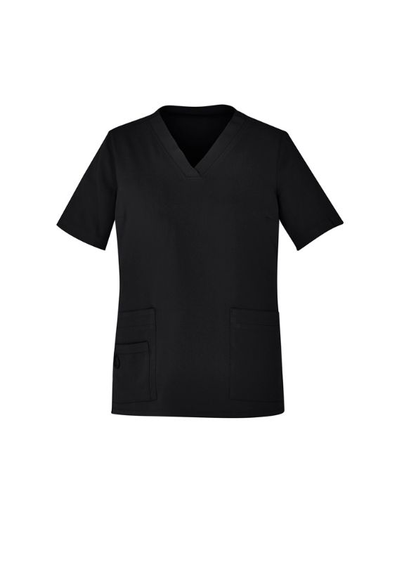 Women's black Avery V-neck scrub top in 4XL, designed for comfort and functionality with multiple pockets and a wicking fabric.