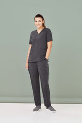 Women's Avery V-Neck Scrub Top in Charcoal, size S, featuring a flattering design and multiple functional pockets for healthcare professionals.