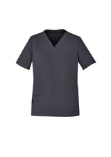 Women's charcoal Avery V-neck scrub top in size S, featuring pockets, wicking fabric, and a relaxed fit for comfort.