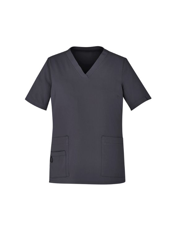 Women's 5XL Avery V-Neck Scrub Top in Charcoal, featuring multiple pockets and a comfortable, easy-care fit.