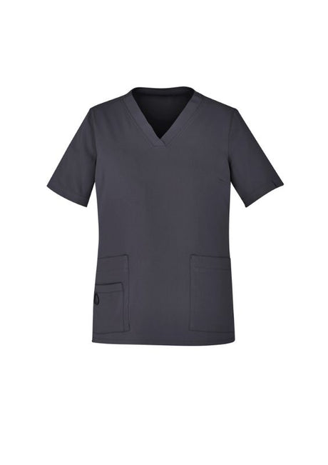 Women's charcoal V-neck scrub top by Biz Collection, featuring pockets and a comfortable fit, perfect for healthcare professionals.