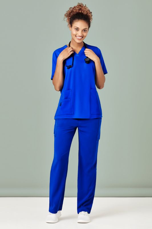 Women's Electric Blue V-Neck Scrub Top in Size S, featuring pockets and a wicking finish for comfort in healthcare settings.