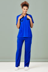 Women's Electric Blue V-Neck Scrub Top in Size S, featuring pockets and a wicking finish for comfort in healthcare settings.