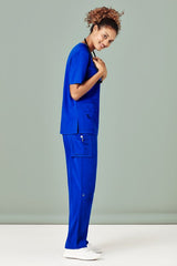 Women's Electric Blue V-Neck Scrub Top in size 2XL, featuring multiple pockets and comfortable, easy-care fabric.