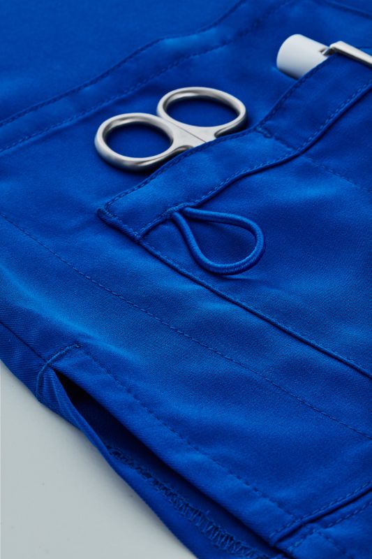 Women's Electric Blue V-Neck Scrub Top in Size L, featuring versatile pockets and moisture-wicking fabric for comfort.