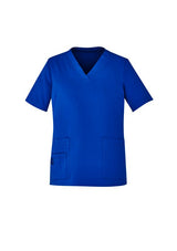 Electric Blue V-neck scrub top for women, featuring pockets and utility loops, designed for comfort and easy movement in healthcare.