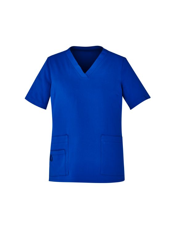 Electric Blue V-neck scrub top for women, featuring pockets and utility loops, designed for comfort and easy movement in healthcare.