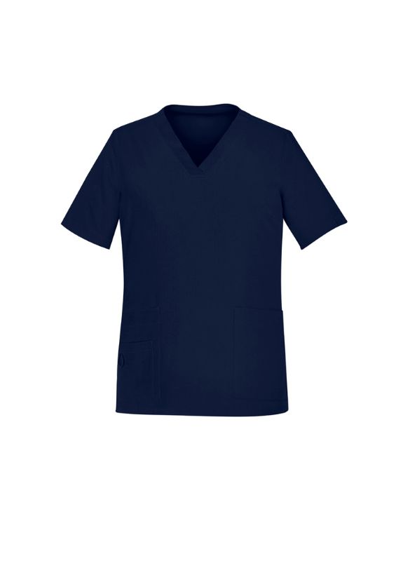 Navy V-neck scrub top in size 3XL with pockets and utility loops, perfect for healthcare professionals seeking comfort and style.