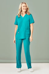 Teal Women's Avery V-Neck Scrub Top by Biz Collection, size S, featuring pockets and a comfortable, easy-care fabric.