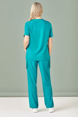 Teal Women's Avery V-Neck Scrub Top by Biz Collection, size S, featuring pockets and a comfortable fit for healthcare professionals.