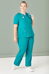 Teal Women's Avery V-Neck Scrub Top by Biz Collection, size S, featuring pockets, utility loops, and a comfortable fit.