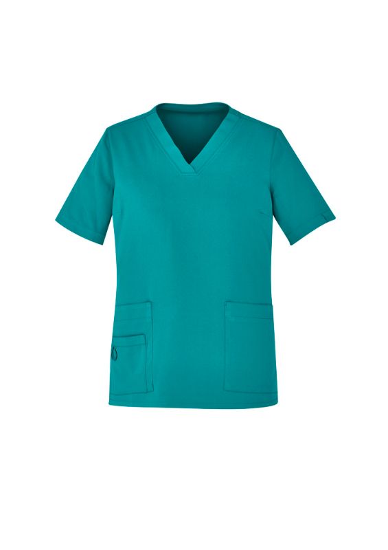 Women's teal V-neck scrub top by Biz Collection, size S, featuring pockets and a comfortable, wicking fabric for healthcare professionals.