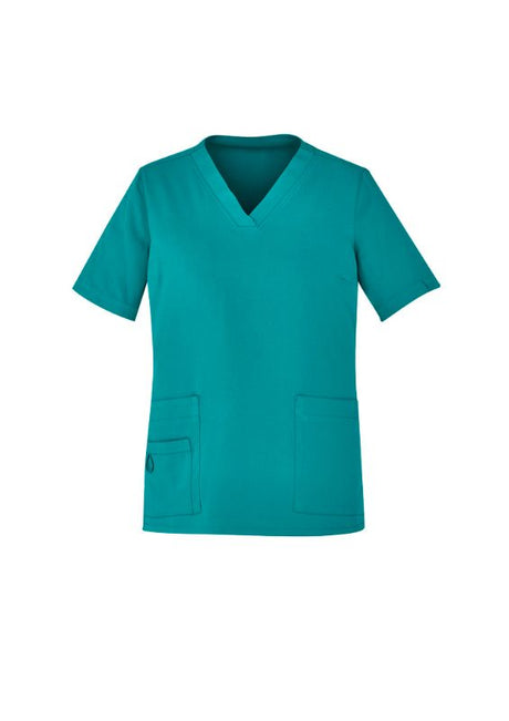 Vibrant teal Women's Avery V-Neck Scrub Top (4XL) with pockets, utility loops, and wicking fabric for comfort and durability.