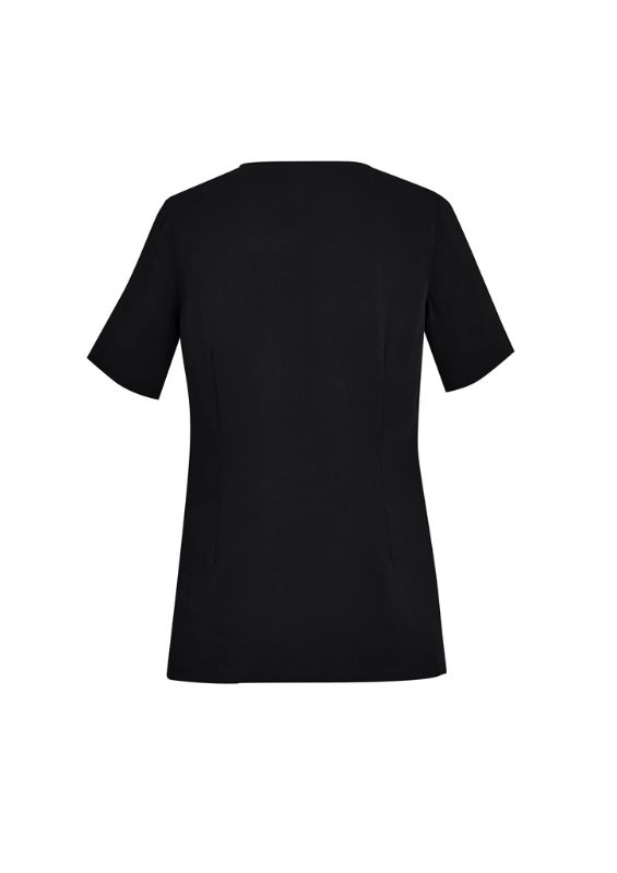 A women's black scrub top with a round neck, tailored fit, multiple pockets, and breathable fabric for healthcare professionals.