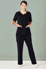 Womens Avery Round Neck Black Scrub Top (XXS) features a tailored fit, wicking fabric, and multiple pockets for healthcare professionals.