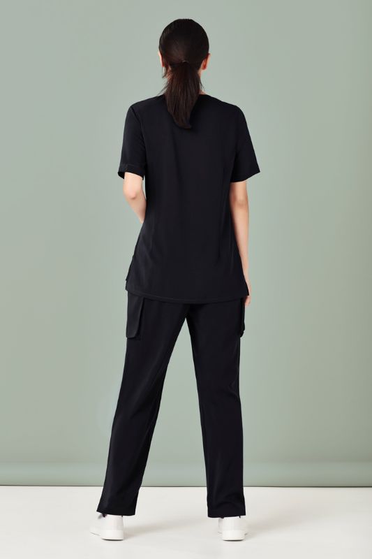 Women's Avery Black Scrub Top in XXS, featuring a tailored fit, multiple pockets, and easy-care performance fabric.