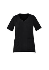 Women's black Avery scrub top in XXS, featuring a tailored fit, multiple pockets, and wicking fabric for comfort.