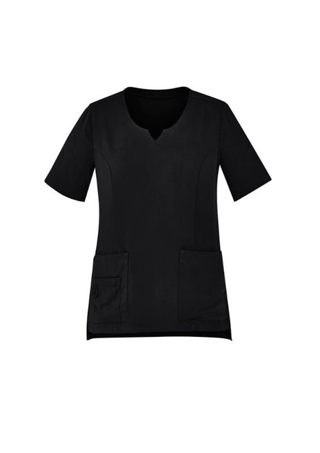 Women's black Avery scrub top from Biz Collection, size XL, featuring pockets, utility loops, and a tailored fit for comfort.