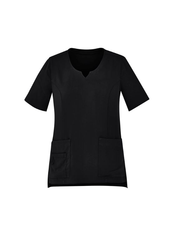 Black Women's Avery Round Neck Scrub Top by Biz Collection in size small, featuring tailored fit and multiple utility pockets.