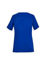 Women's Electric Blue Avery Round Neck Scrub Top (XXS) featuring pockets, wicking fabric, and a tailored fit for comfort.