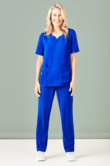 Electric Blue XXS scrub top for women, featuring wicking fabric, pockets, and a tailored fit for comfort and style.