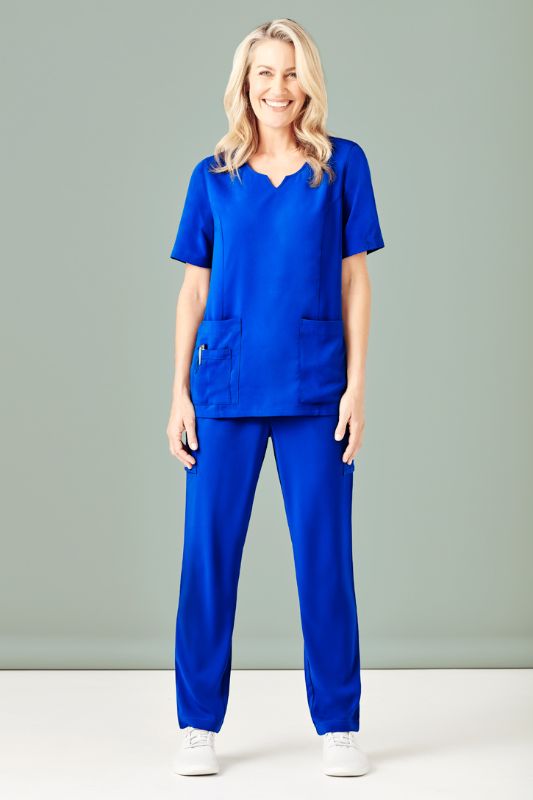 Electric Blue Women's Avery Round Neck Scrub Top in Size 5XL, featuring multiple pockets and easy-care fabric for healthcare professionals.