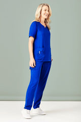 Women's Electric Blue Avery Round Neck Scrub Top from Biz Collection, featuring a tailored fit, wicking fabric, and multiple pockets.