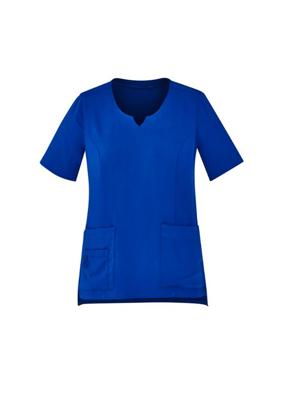 Electric Blue Women's Avery Round Neck Scrub Top, size XXS, featuring pockets, tailored fit, and moisture-wicking fabric.