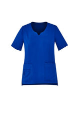 Women's Electric Blue Avery Round Neck Scrub Top in 2XL, featuring pockets, moisture-wicking fabric, and a tailored fit for comfort.